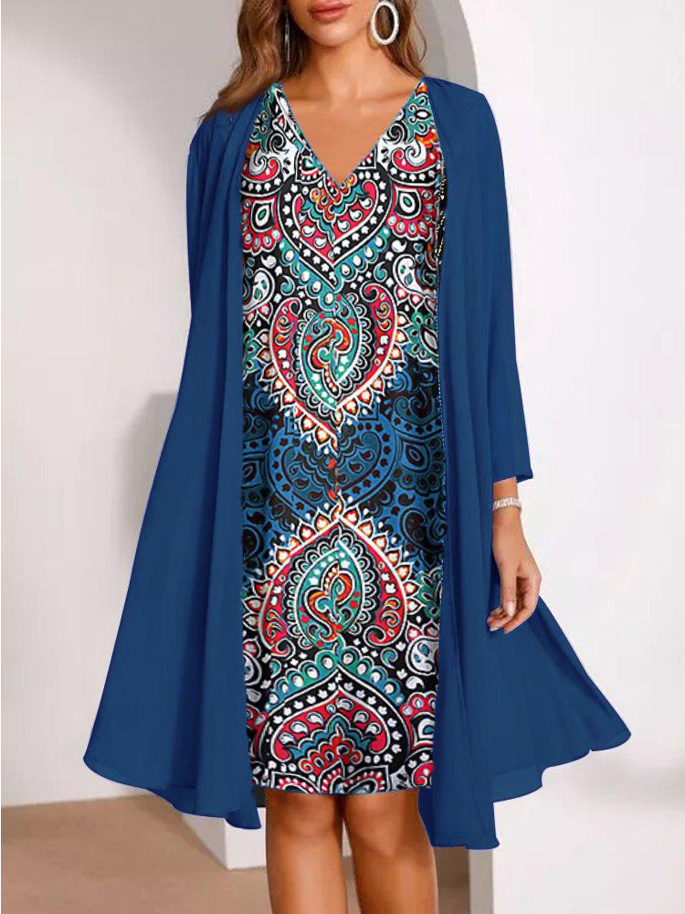 🔥Limited-Time Offer-Women's Long-Sleeve Printed Dress & Cardigan 2 Piece Set