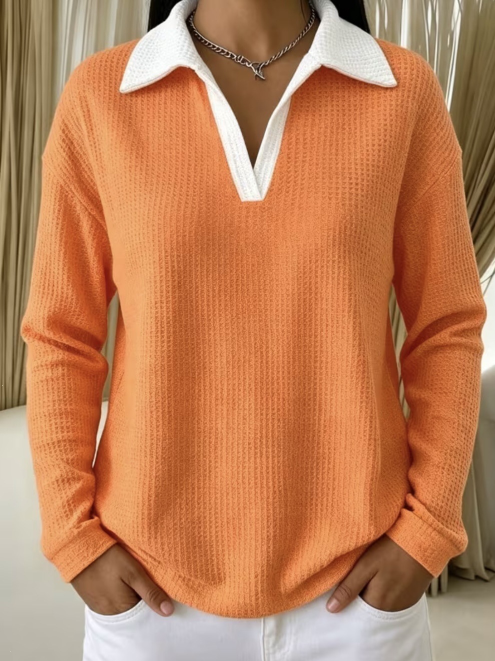 Waffle Knit Women Polo Shirt, Color Block Lapel V Neck Top