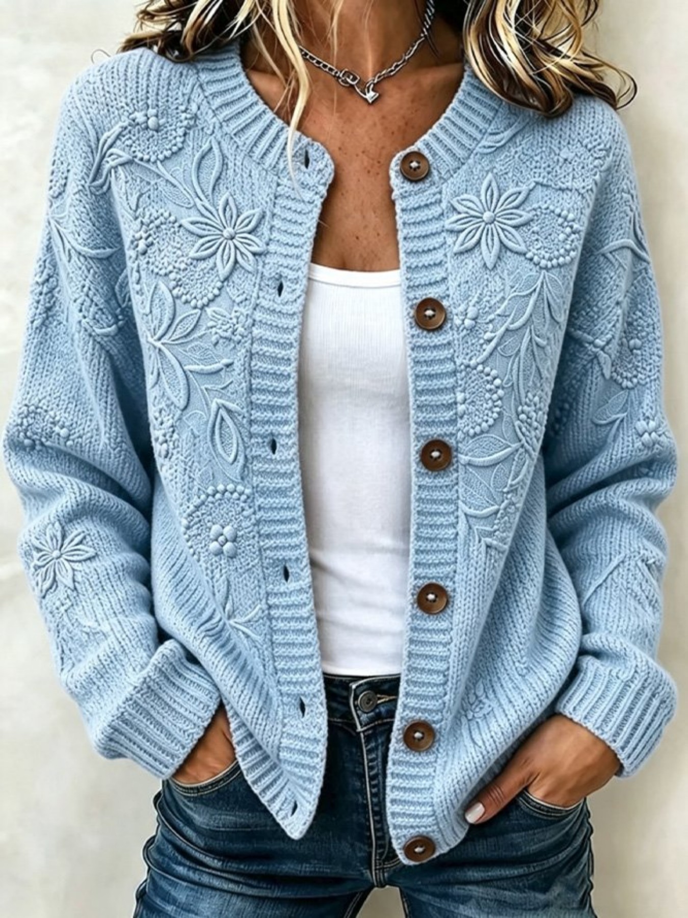 Women Floral Long Sleeve Crew Neck Casual Spring/Fall Cardigan Outerwear