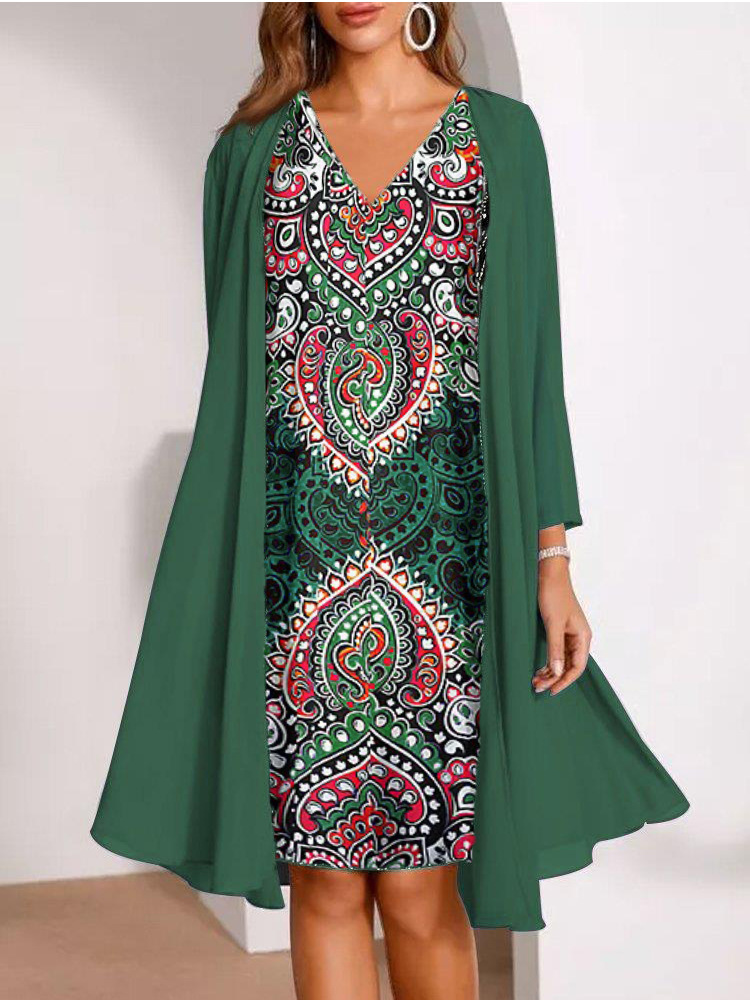 🔥Limited-Time Offer-Women's Long-Sleeve Printed Dress & Cardigan 2 Piece Set