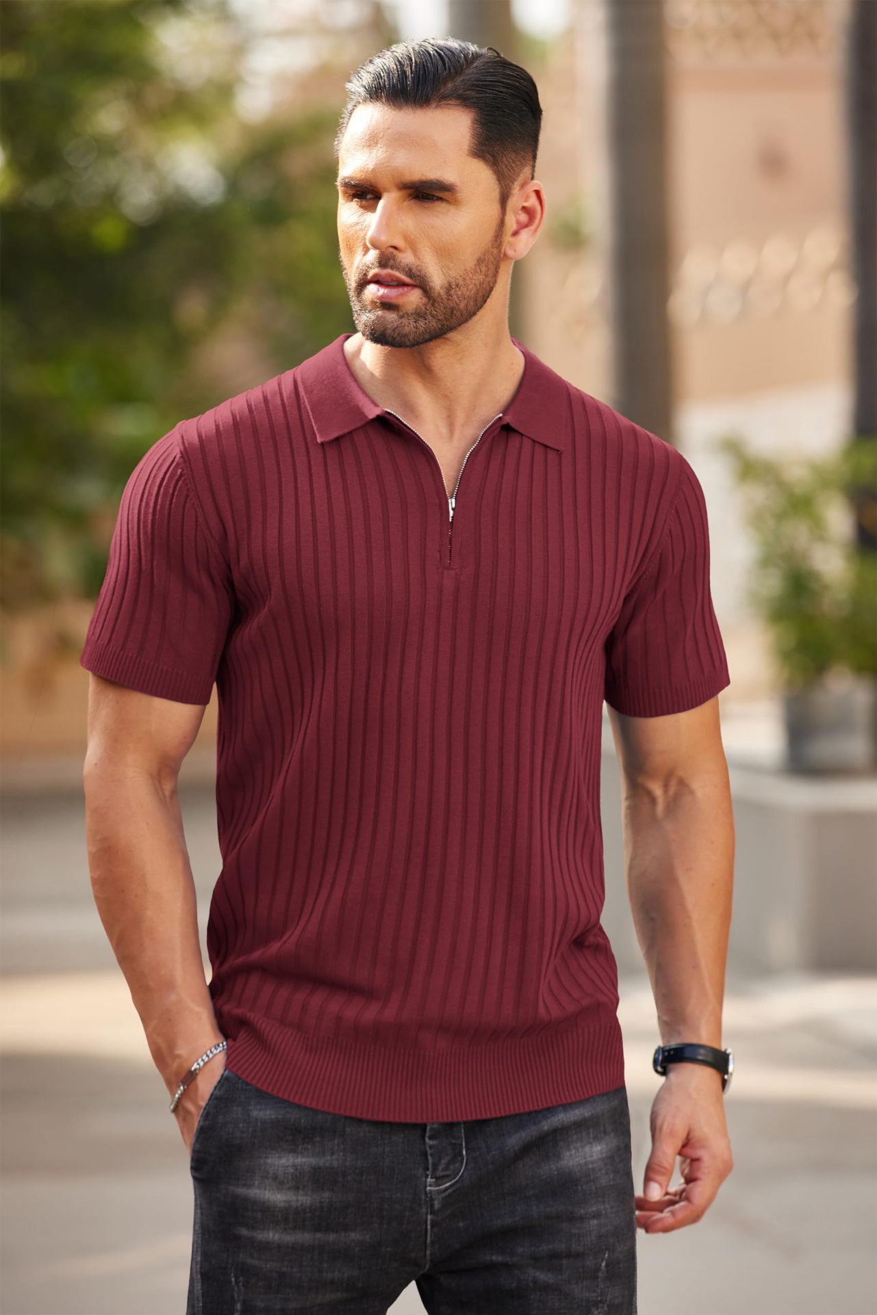 Men's Zipper Short Sleeve Ribbed Knit Polo T Shirts Golf Shirts