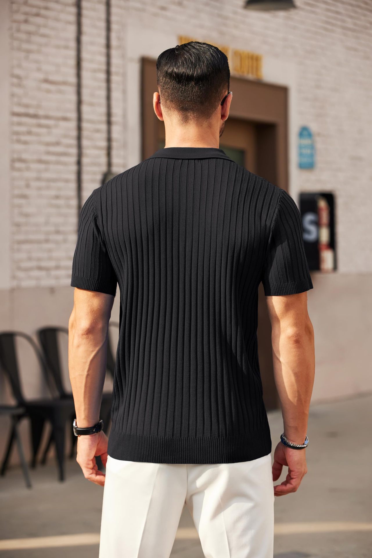 Men's Zipper Short Sleeve Ribbed Knit Polo T Shirts Golf Shirts