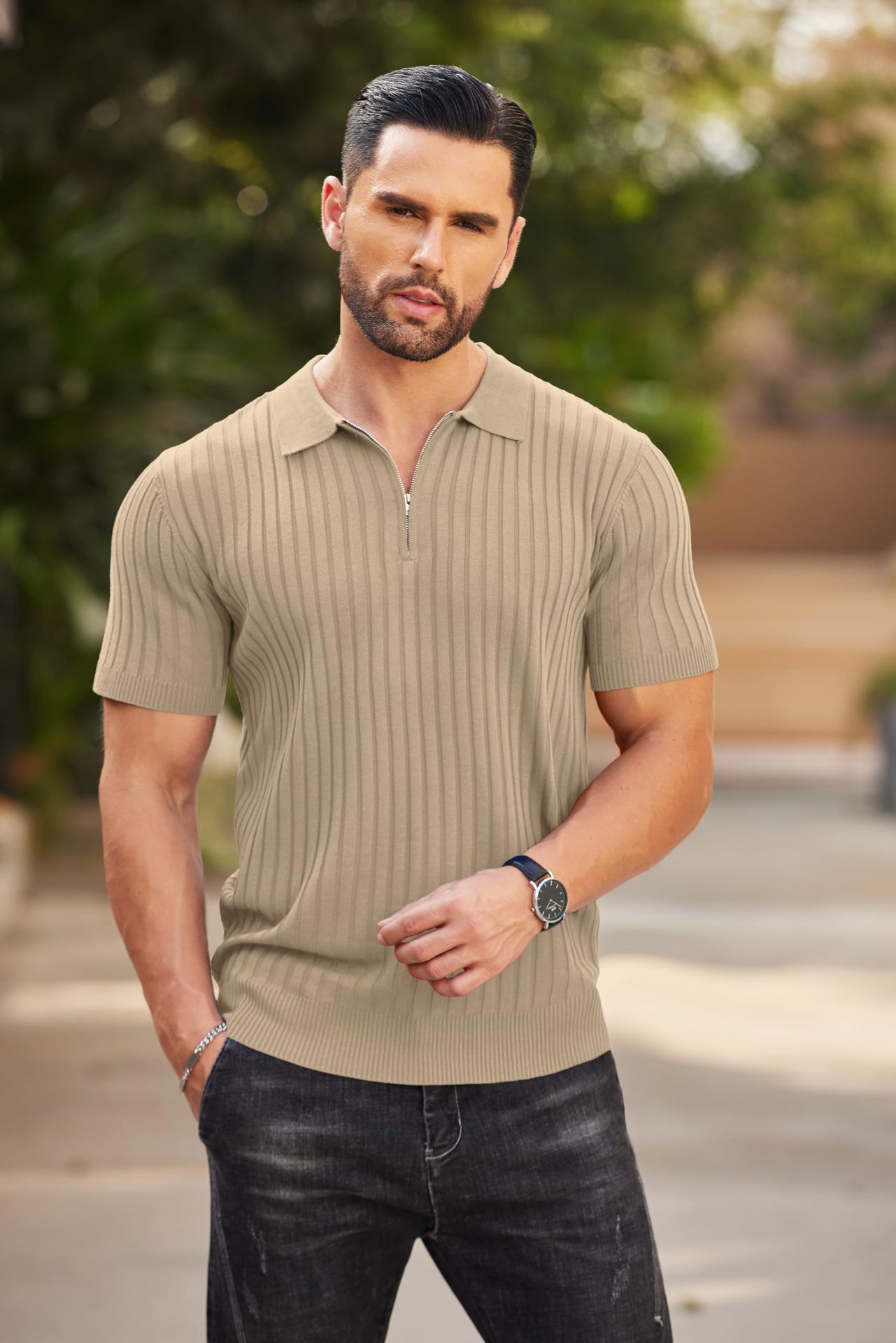 Men's Zipper Short Sleeve Ribbed Knit Polo T Shirts Golf Shirts