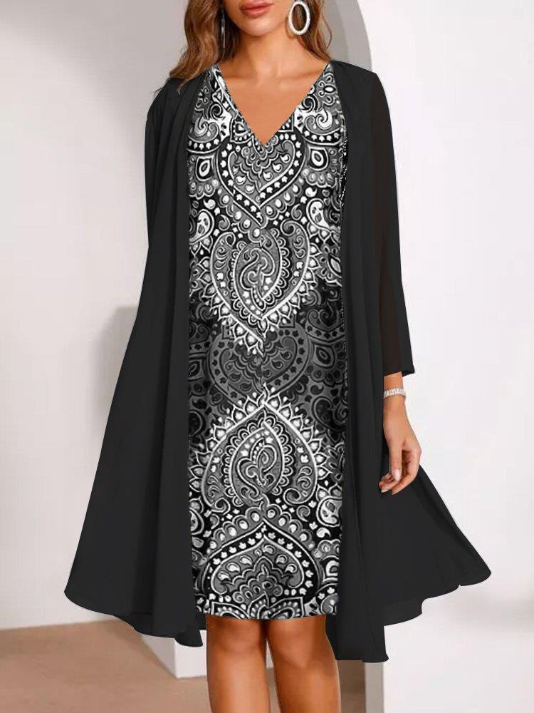 🔥Limited-Time Offer-Women's Long-Sleeve Printed Dress & Cardigan 2 Piece Set