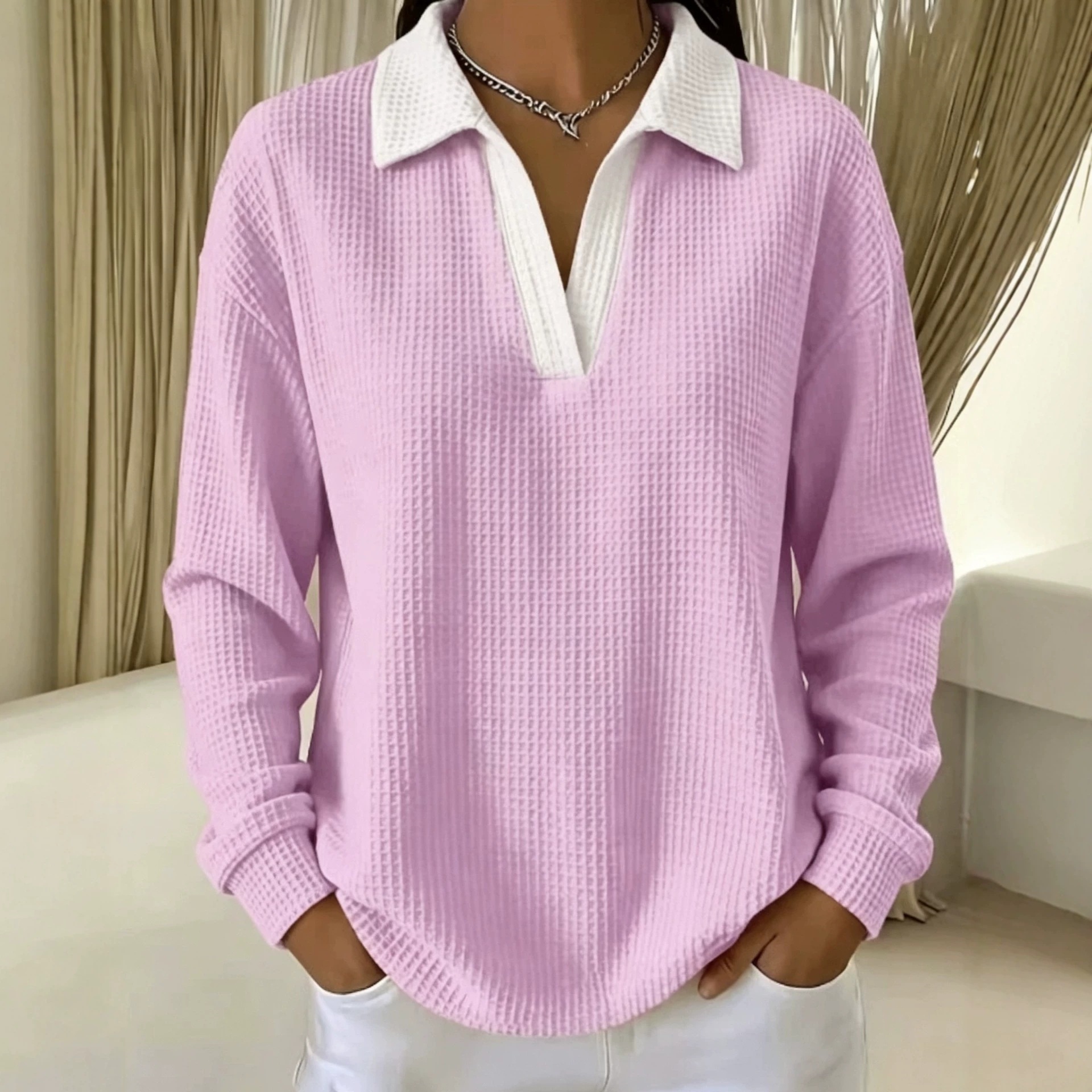 Waffle Knit Women Polo Shirt, Color Block Lapel V Neck Top