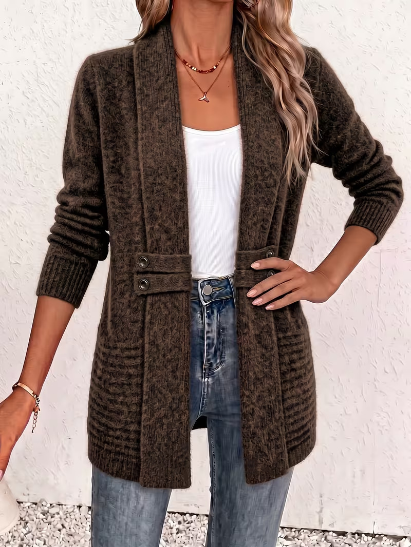 Women's Casual Chic Shawl Collar Side Button Detail Long Sleeve Knit Cardigan