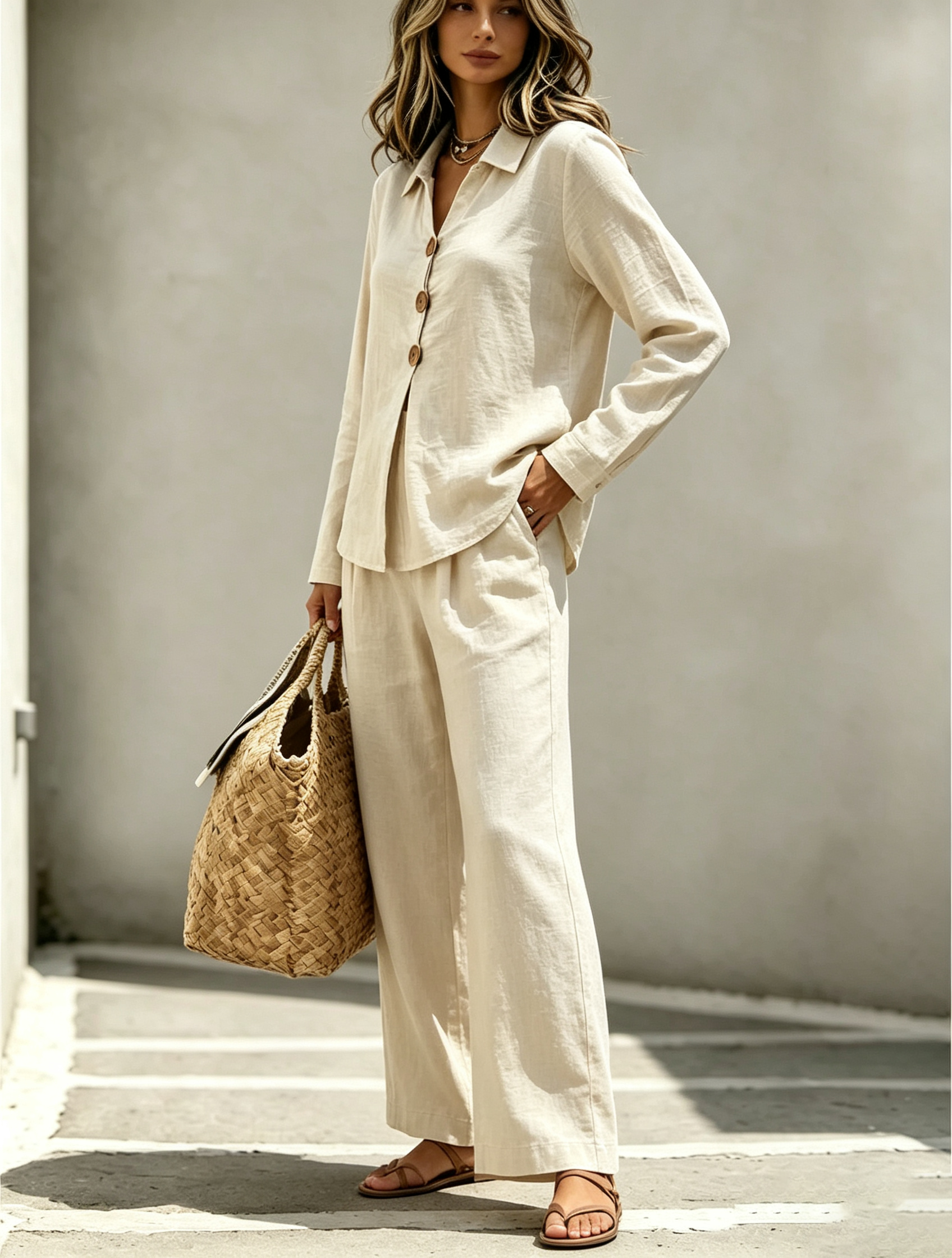 Casual Loose Fit Collared Long Sleeve Blouse Trouser Set 2PCS