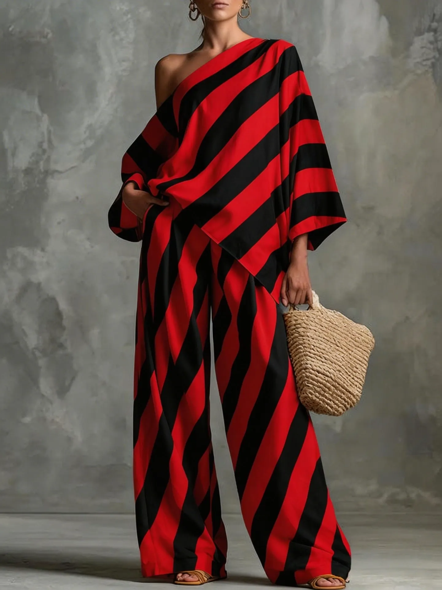Striped Asymmetric Top & Wide-Leg Pants Set