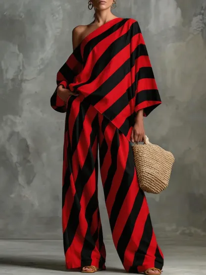 Striped Asymmetric Top & Wide-Leg Pants Set