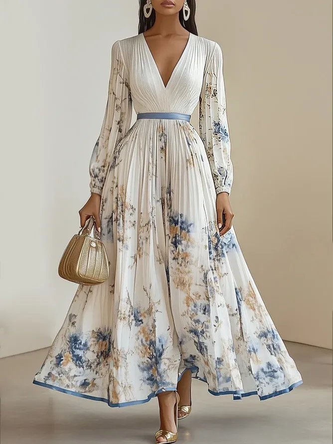 White Pleated Floral Chiffon V Neck Long Sleeve Balloon Sleeve A-Line Maxi Dress