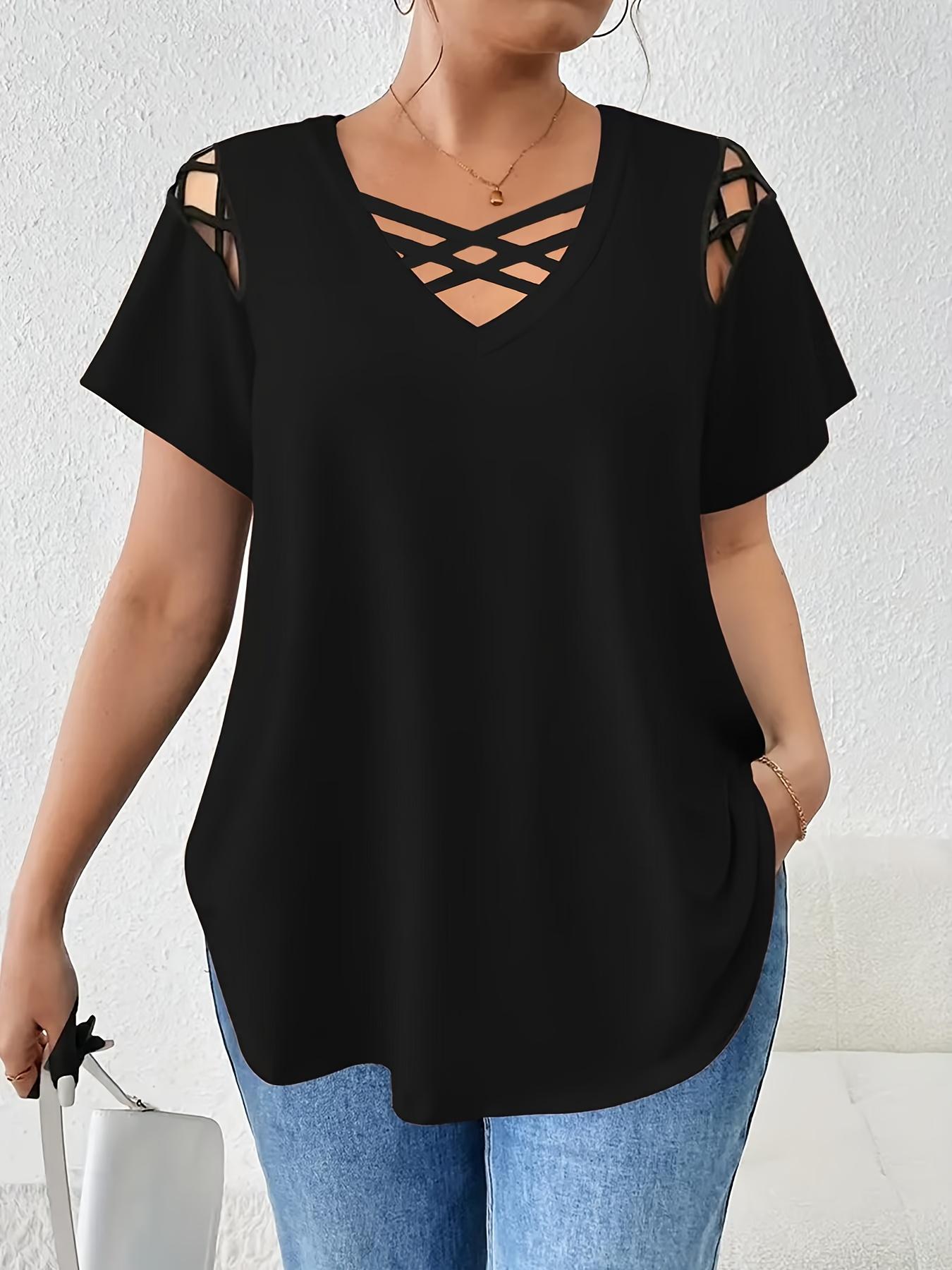 New Arrival🔥Elegant Women's Plus Size V-Neck Short Sleeve T-Shirt, Solid Color Cross Strap Detail, Casual Fashion Top for Ladies