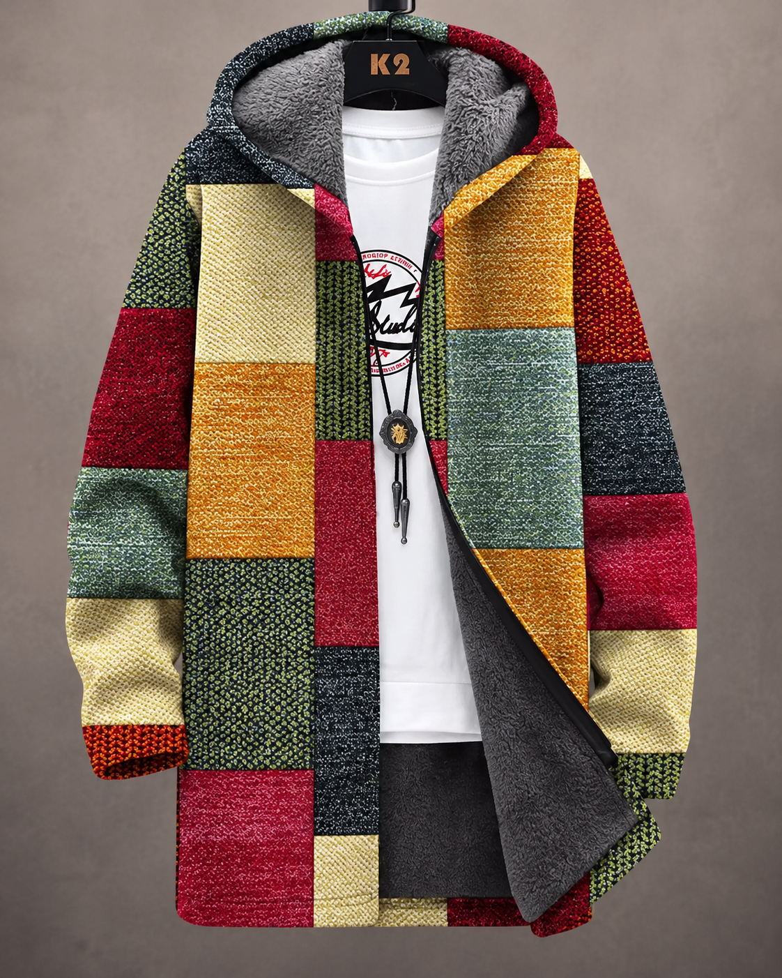 Geometric Plush Lined Hooded Jacket