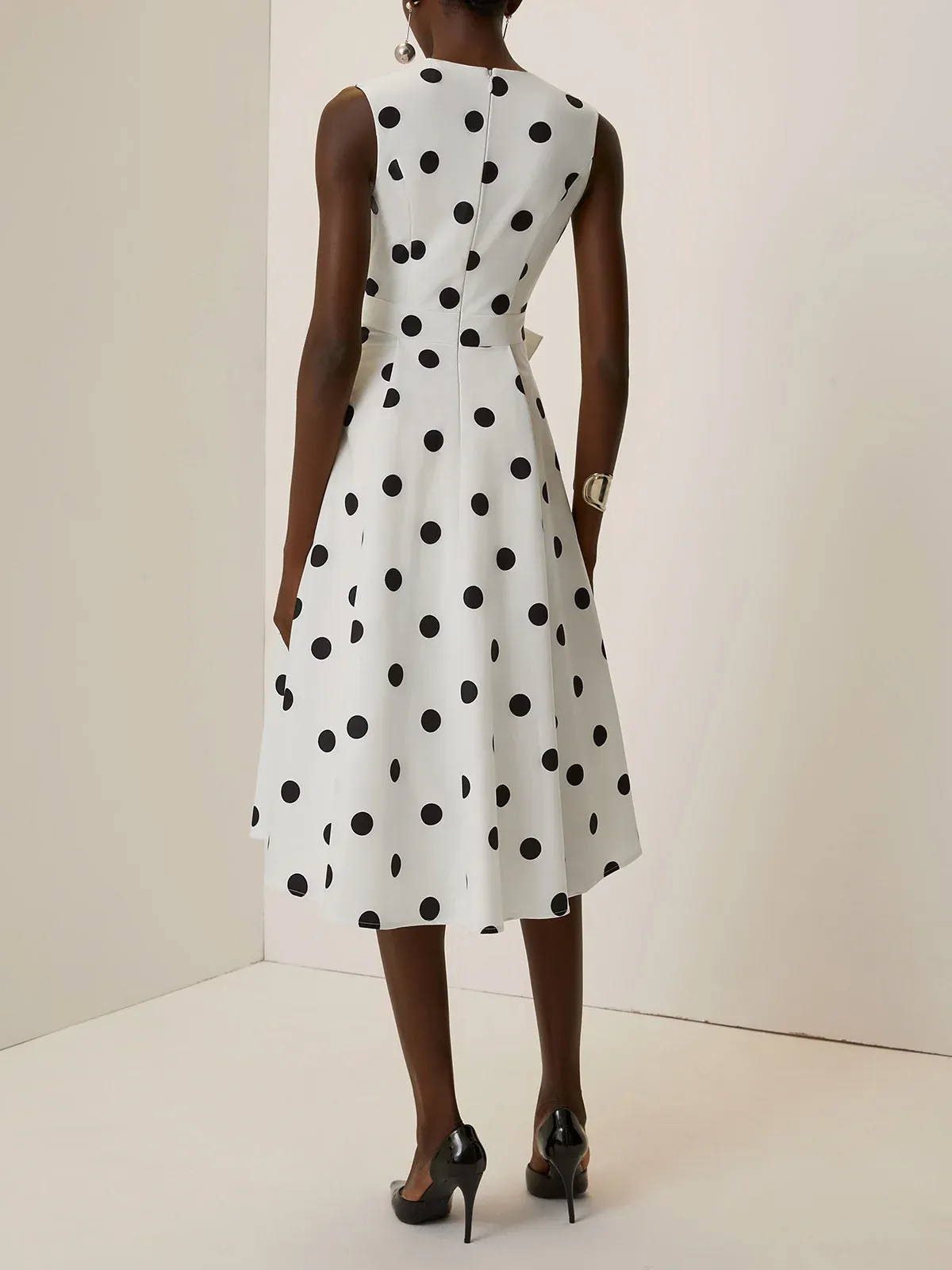 White Polka Dots V Neck Sleeveless A-Line Midi Dress