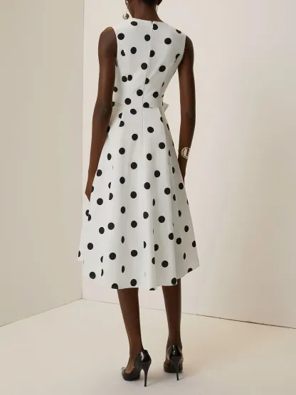 White Polka Dots V Neck Sleeveless A-Line Midi Dress