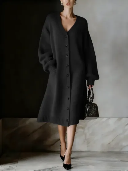Women's Solid Color V-neck Long Sleeve Casual Loose Cardigan Dress