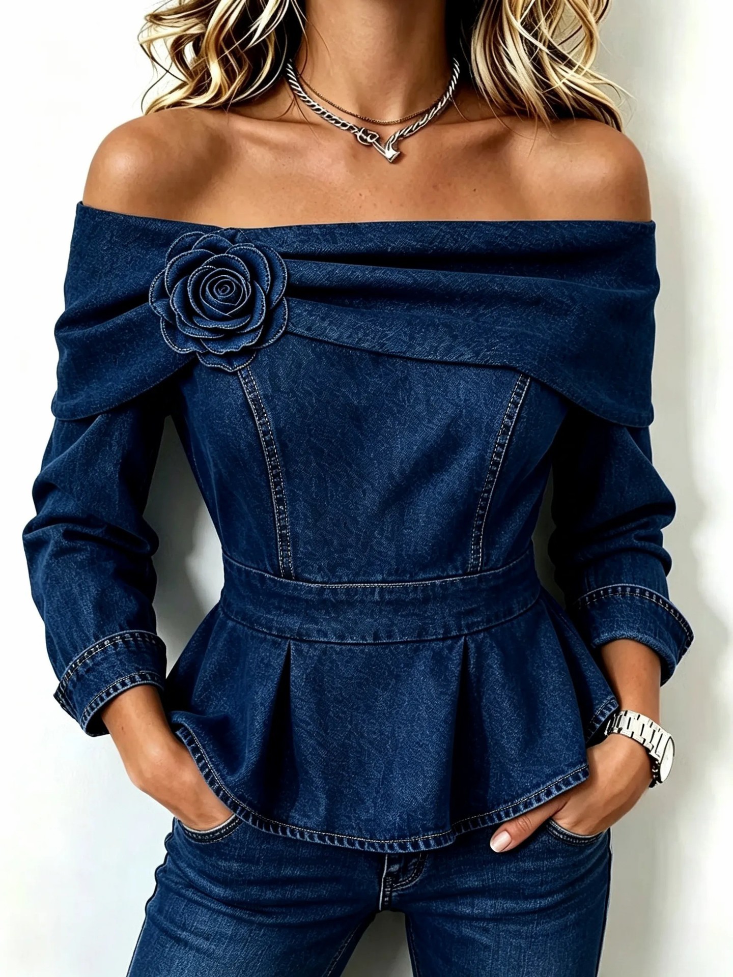 Chic Off-shoulder Denim Peplum Top