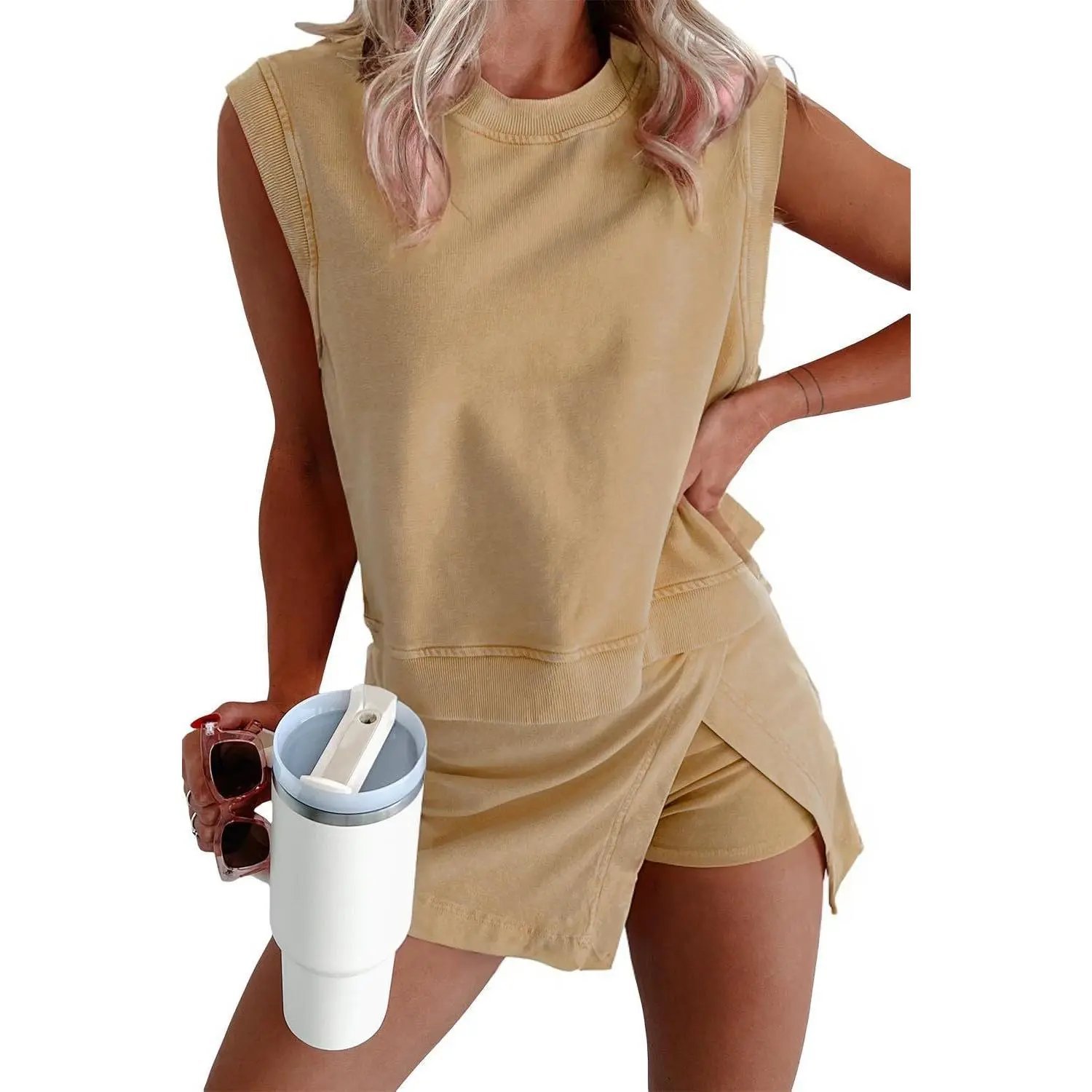 Summer Sets Women 2 Piece Outfits Shorts Tank Top and Casual Skort Lined Split Athletic Skirt Set Travel Outfit
