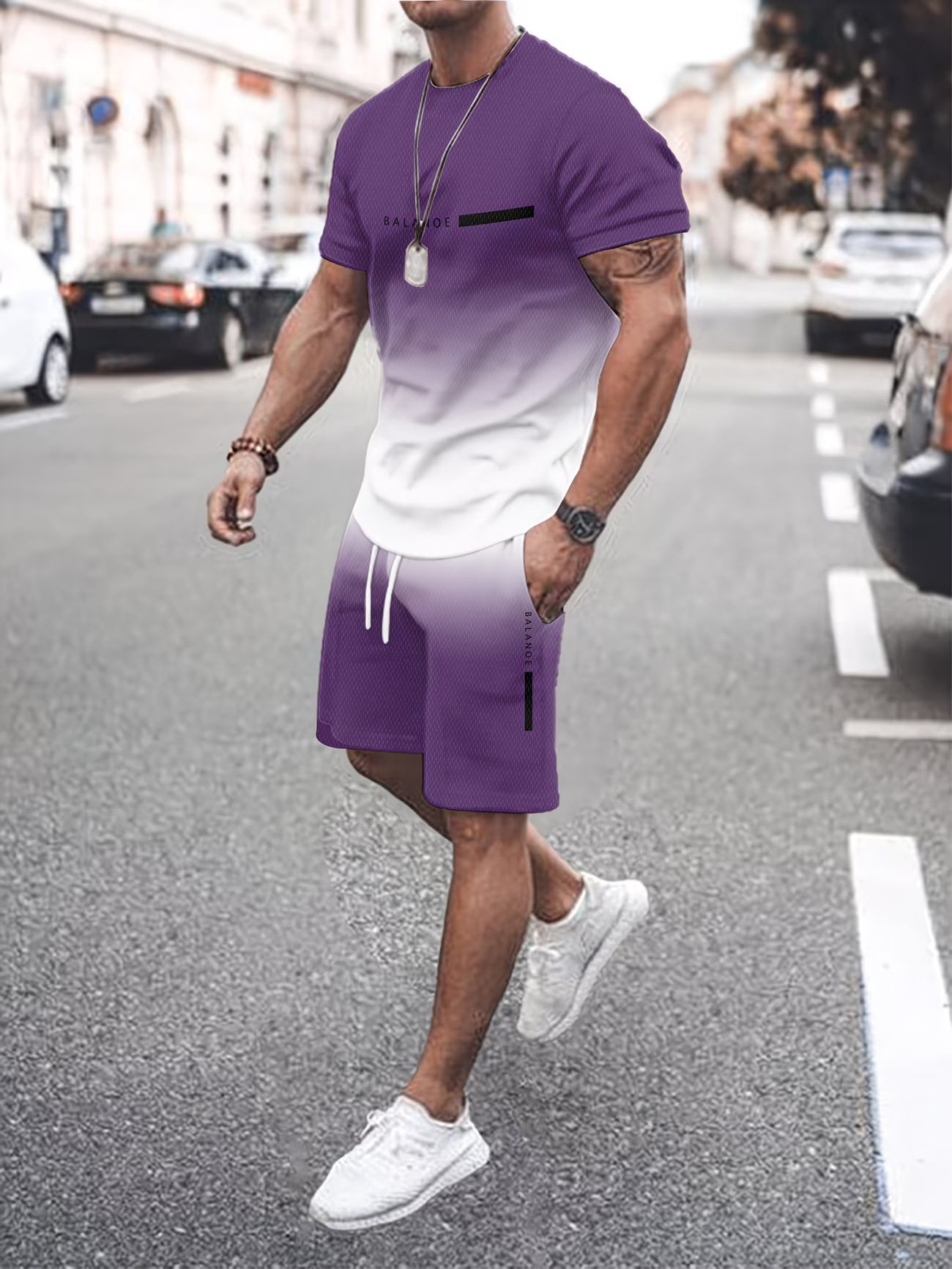 Men's Summer Regular-Fit Pure Cotton Short-Sleeve T-Shirt & Shorts Set — "BLANCE" Letter Print Edition
