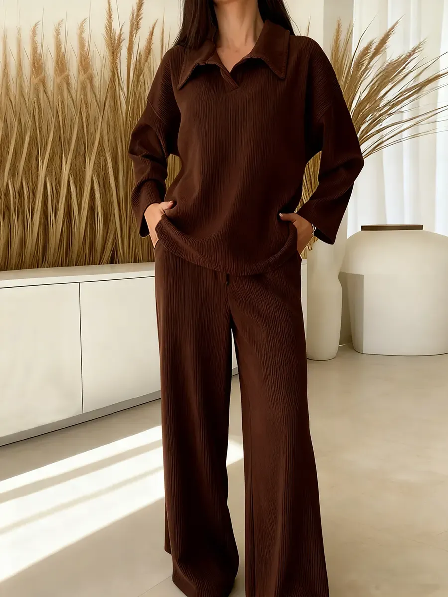 Women's Solid Color Collared Long-sleeved Casual Loose Top With Elastic Waist And Wide-leg Pants Set