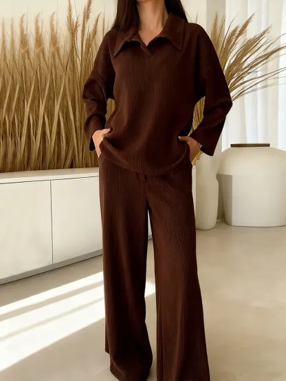 Women's Solid Color Collared Long-sleeved Casual Loose Top With Elastic Waist And Wide-leg Pants Set