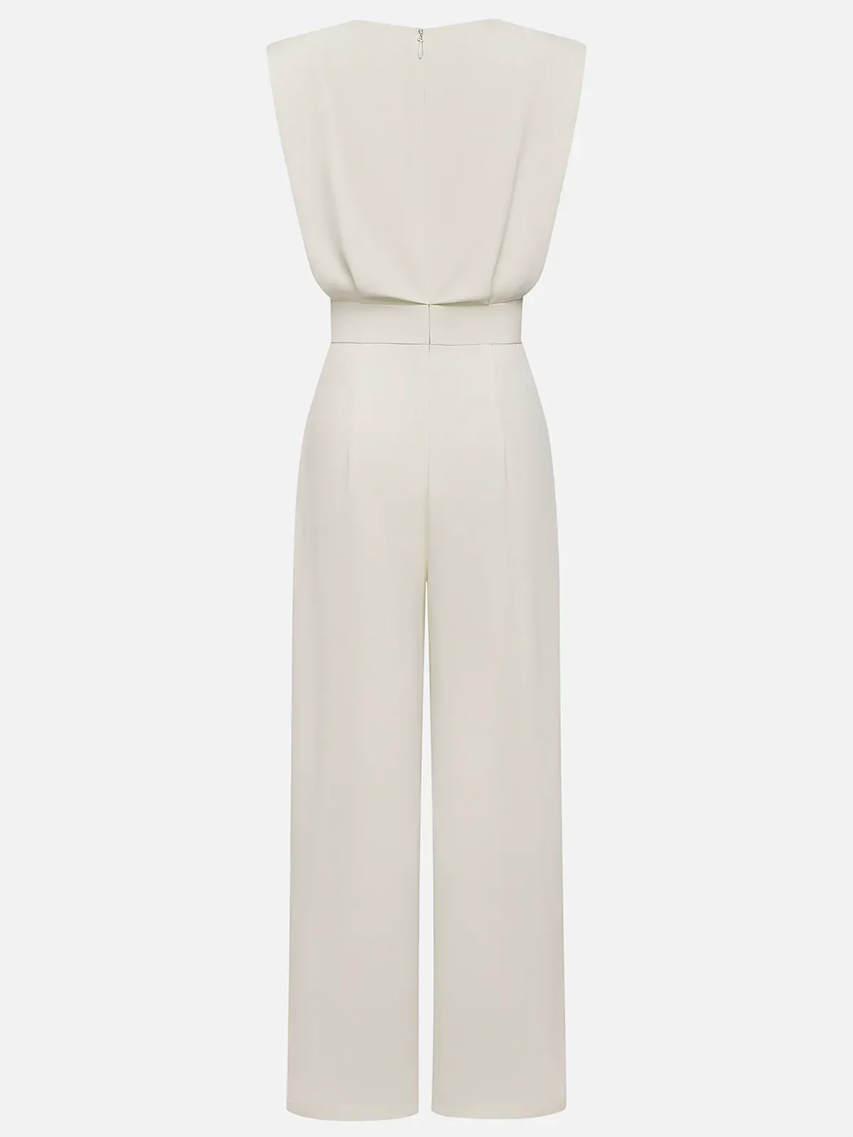 Women Off White Crew Neck Sleeveless Dressy Jumpsuit With Pockets