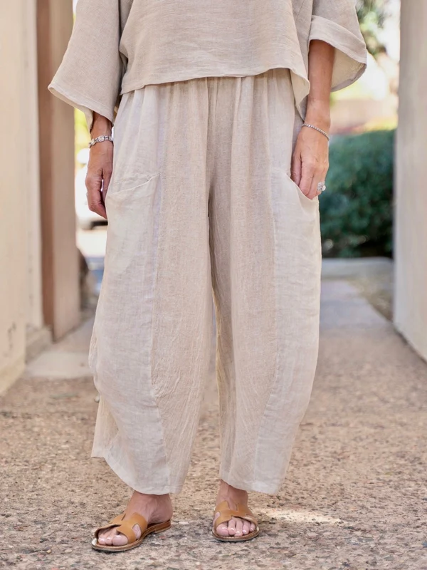 Women's Plum Linen Cotton 3/4 Sleeve Top & Balloon Wide Leg Pants Two Piece Set