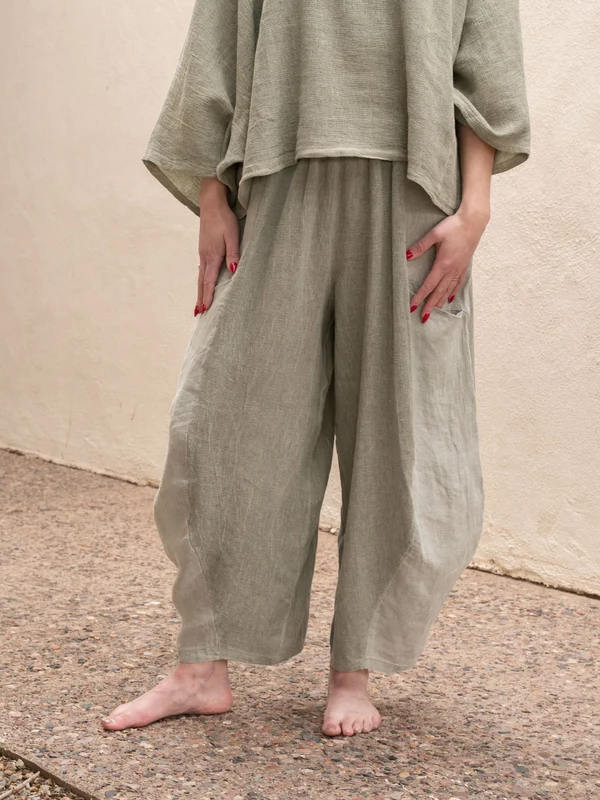 Women's Plum Linen Cotton 3/4 Sleeve Top & Balloon Wide Leg Pants Two Piece Set