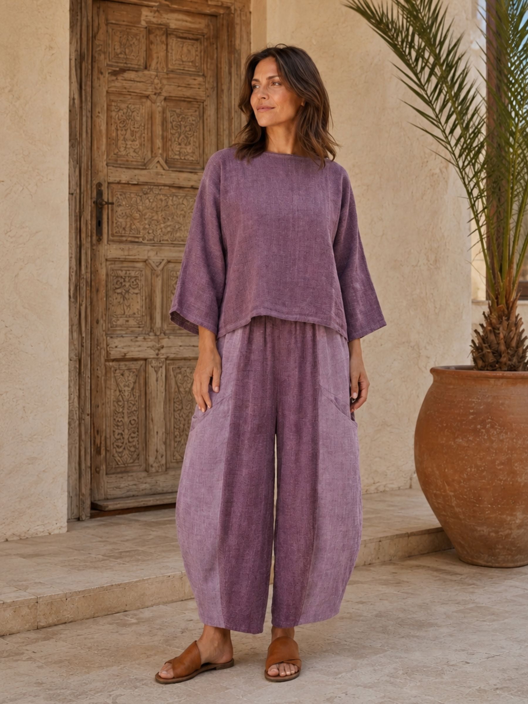 Women's Plum Linen Cotton 3/4 Sleeve Top & Balloon Wide Leg Pants Two Piece Set