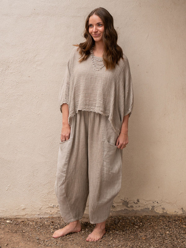 Women's Plum Linen Cotton 3/4 Sleeve Top & Balloon Wide Leg Pants Two Piece Set