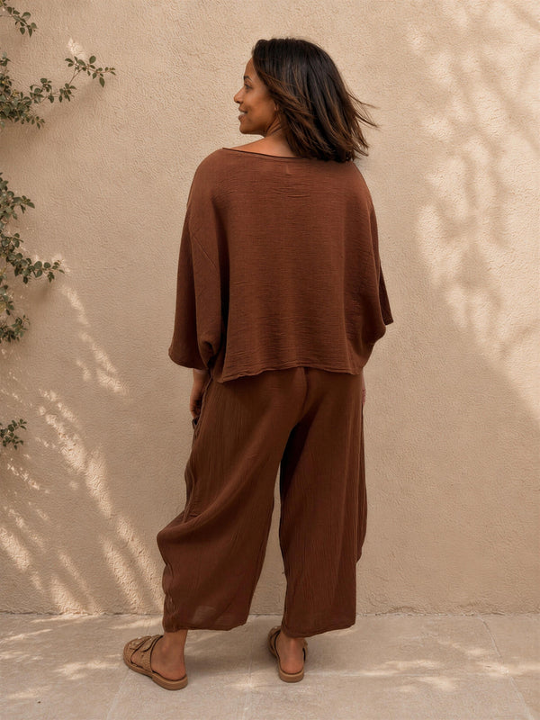 Women's Plum Linen Cotton 3/4 Sleeve Top & Balloon Wide Leg Pants Two Piece Set