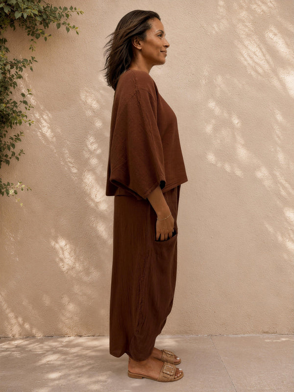 Women's Plum Linen Cotton 3/4 Sleeve Top & Balloon Wide Leg Pants Two Piece Set