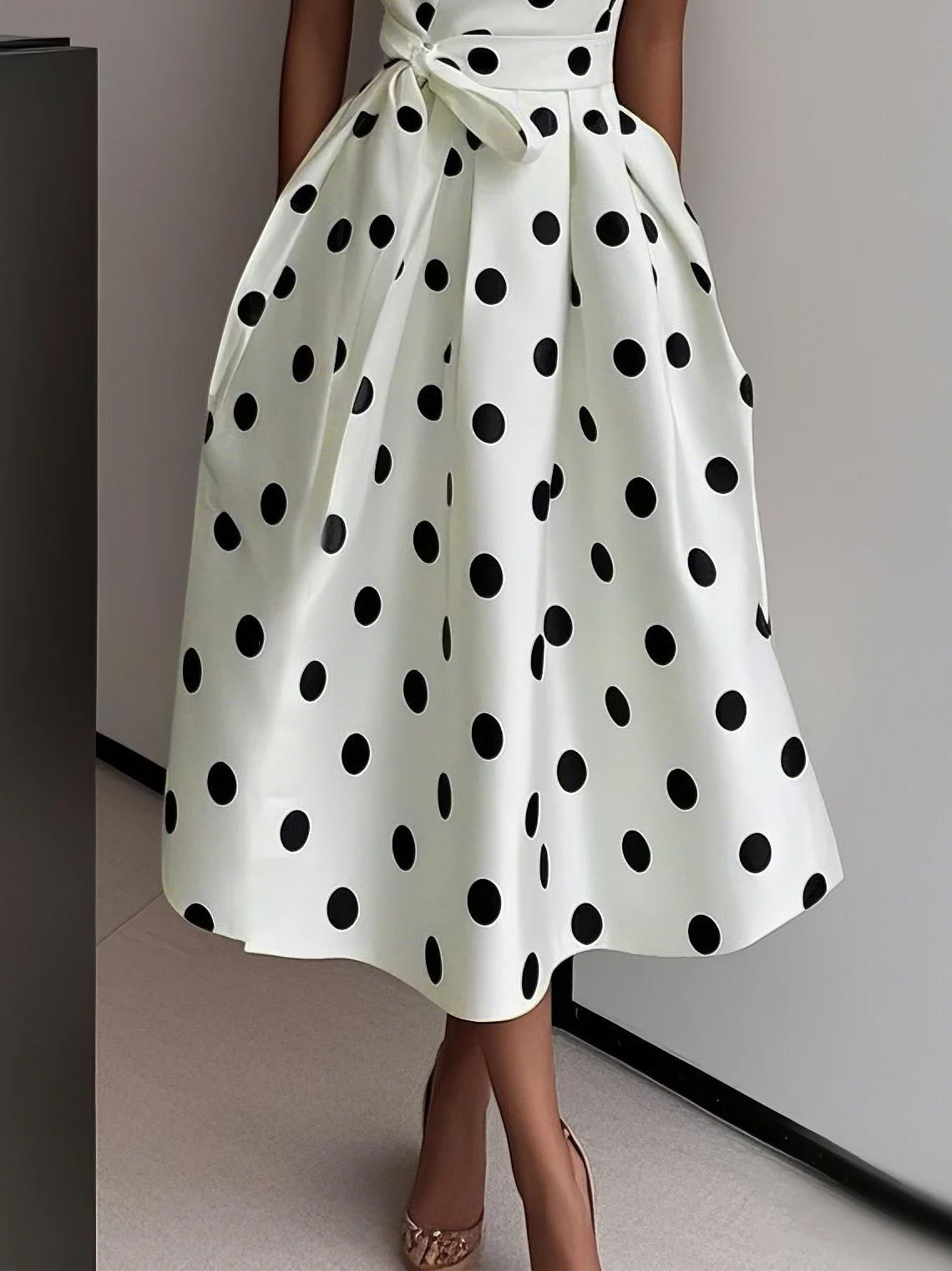 White Polka Dots V Neck Sleeveless A-Line Midi Dress