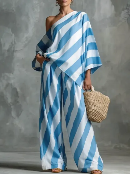 Striped Asymmetric Top & Wide-Leg Pants Set