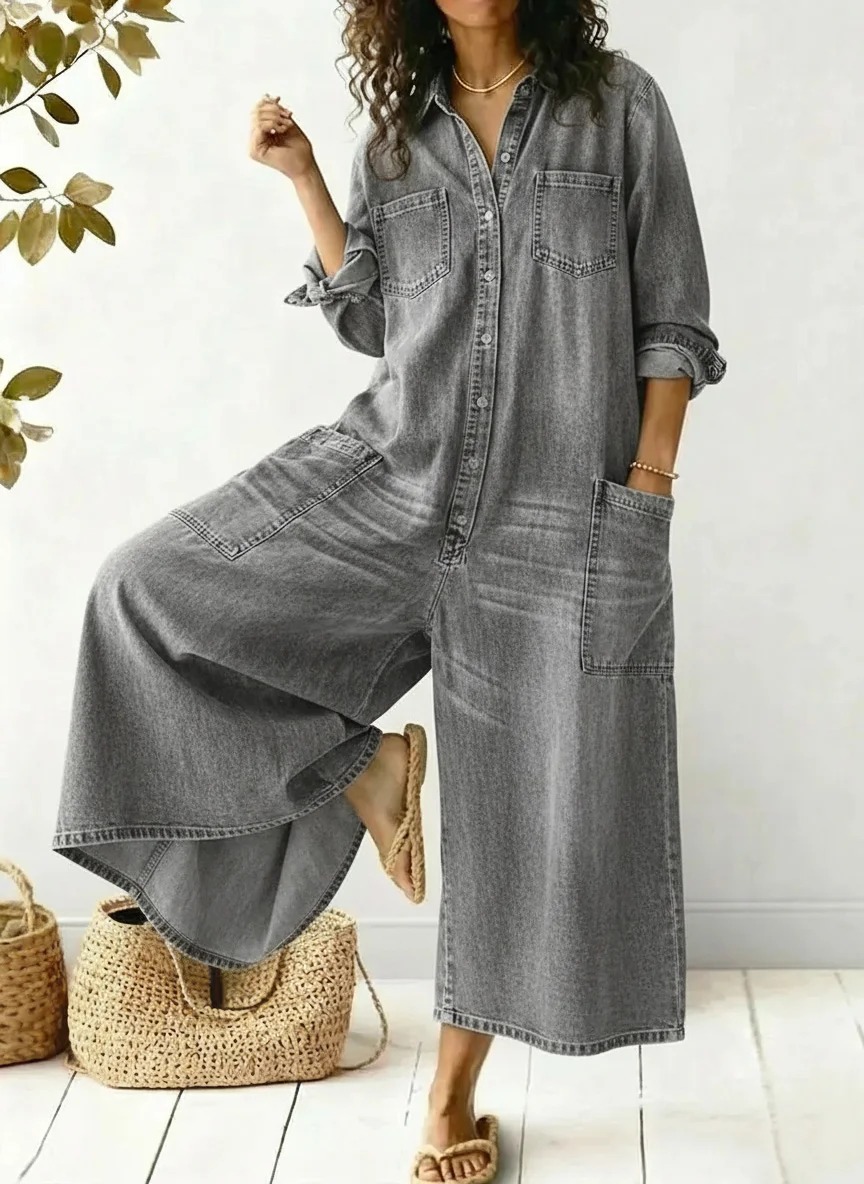 Women's Cozy And Casual Denim Jumpsuit With Large Front Pockets