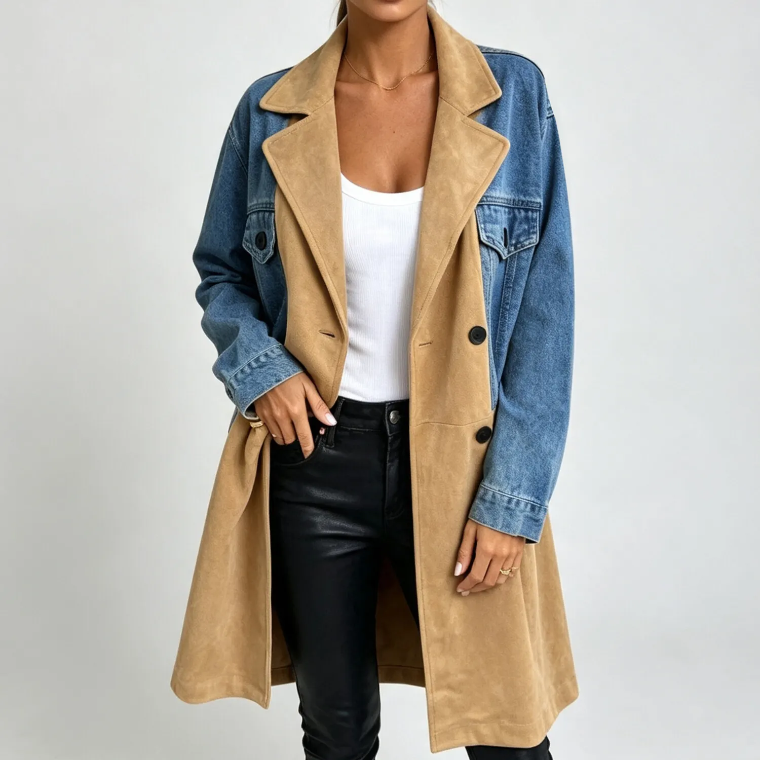 Women's Casual Chic Color Block Denim Patchwork Lapel Collar Long Sleeve Midi Trench Coat