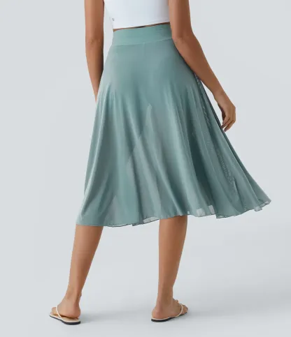 High Waisted Drawstring Contrast Mesh 2-in-1 Pocket Flowy Midi Flare Casual Skirt