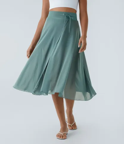 High Waisted Drawstring Contrast Mesh 2-in-1 Pocket Flowy Midi Flare Casual Skirt