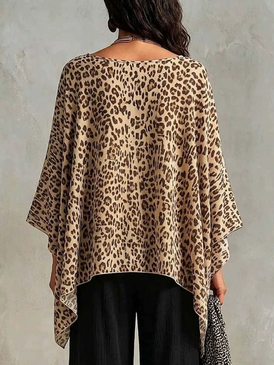 Leopard Print Asymmetric Blouse Elegant Loose Batwing Sleeve Poncho Top
