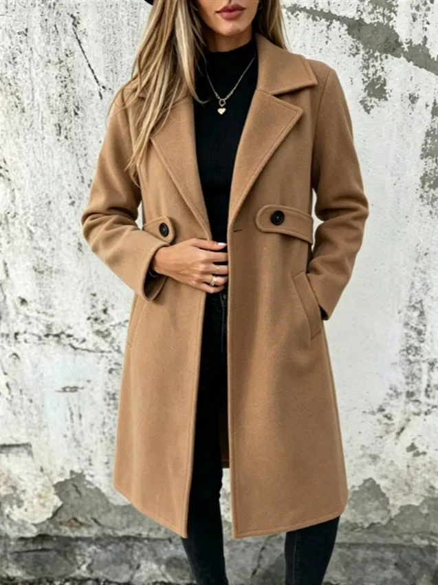 Women Autumn/Winter Classic Casual Minimalist Large Lapel Cinched Waist Button Decoration Pocket Mid-Length Coat Fall Cloth For Women