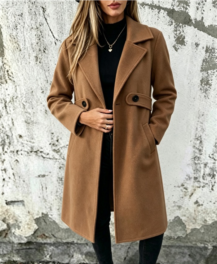 Women Autumn/Winter Classic Casual Minimalist Large Lapel Cinched Waist Button Decoration Pocket Mid-Length Coat Fall Cloth For Women