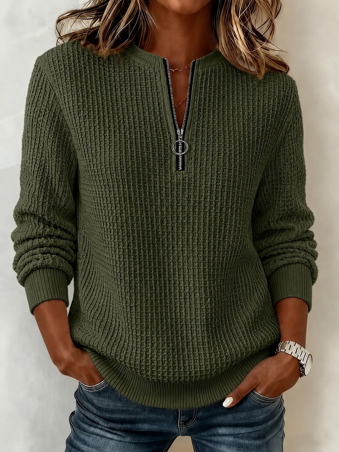 Women's Waffle Knit Long Sleeve Casual Solid Color Crew Neck Tops for Daily Vacation