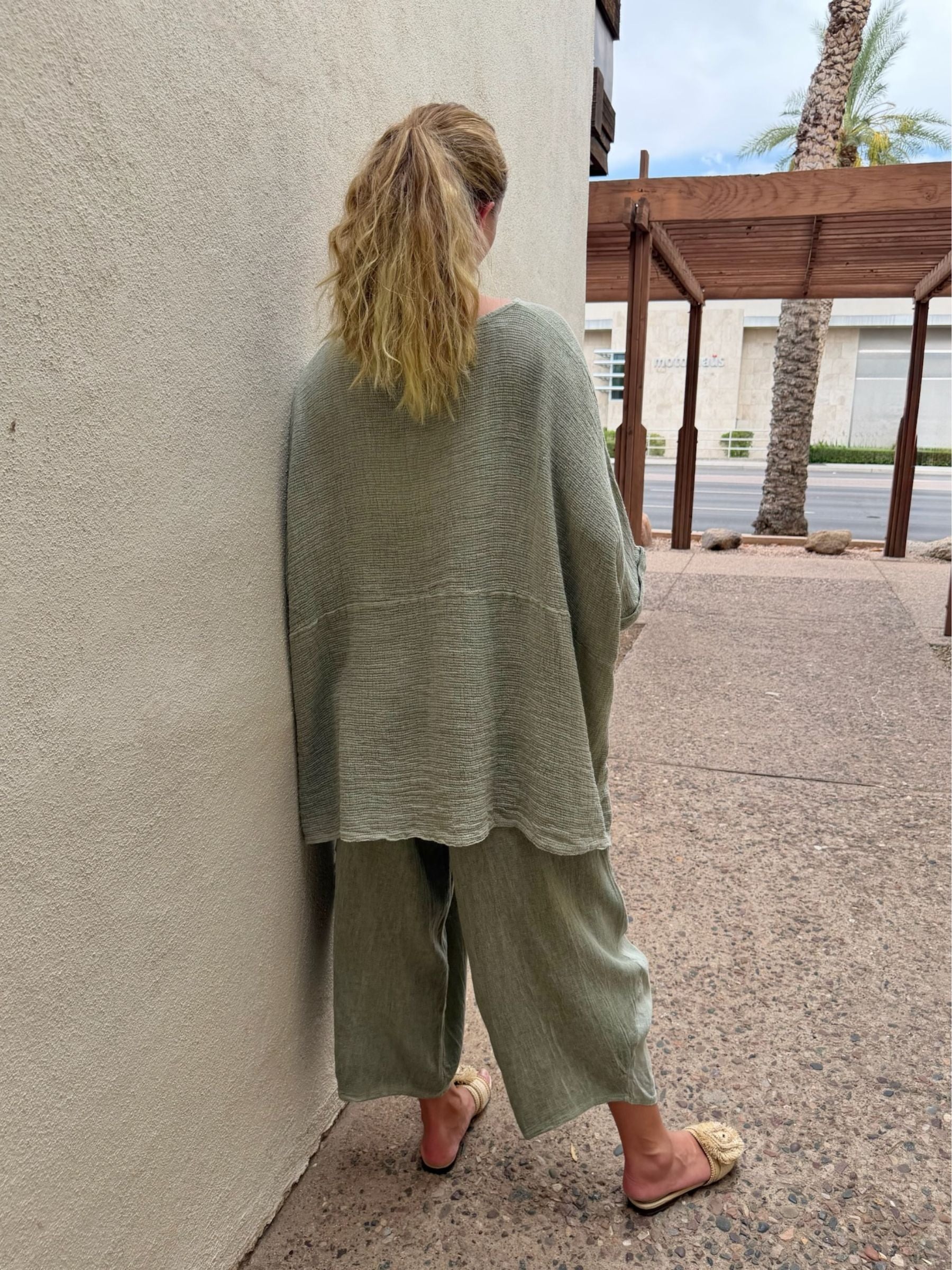 Women's Linen Cotton Blend Oversized Long Sleeve Top & Wide Leg Pants Two Piece Set