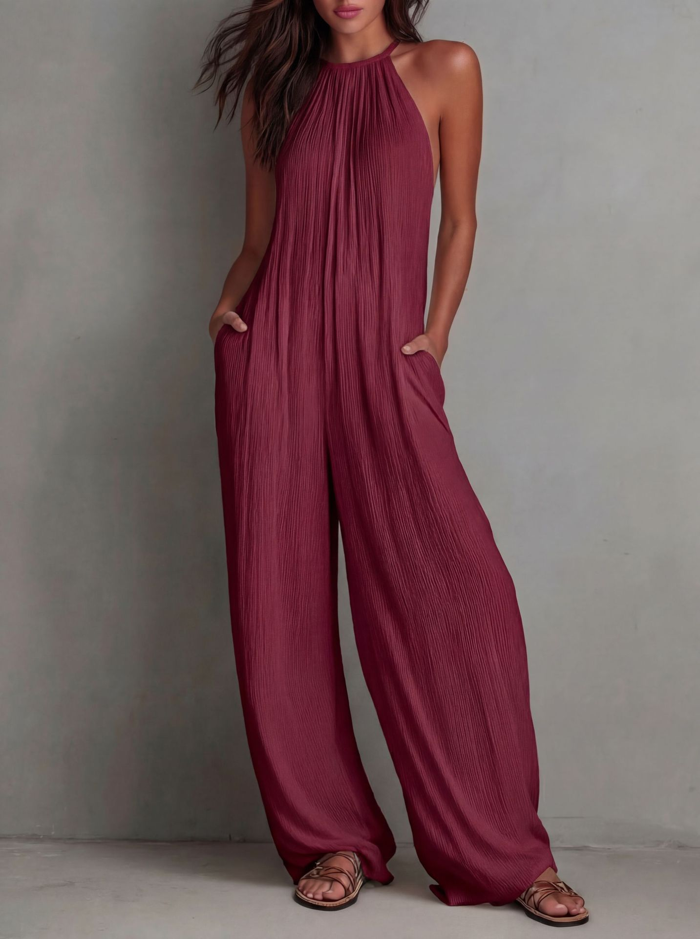 Minimalist Halter-neck Loose Cotton-linen Jumpsuit