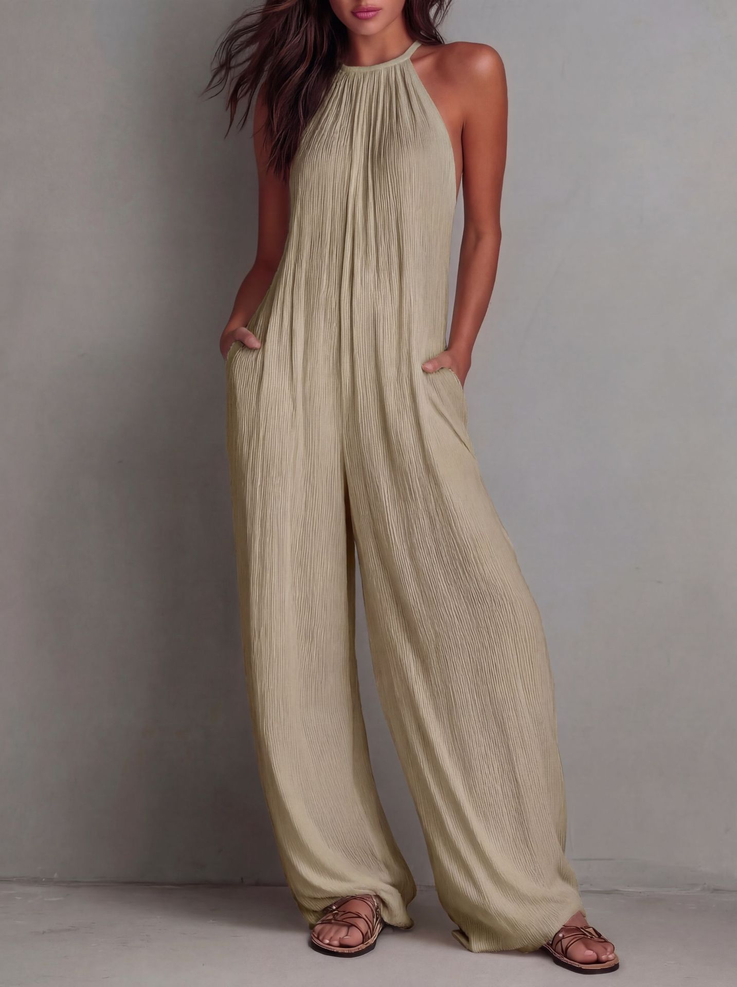 Minimalist Halter-neck Loose Cotton-linen Jumpsuit