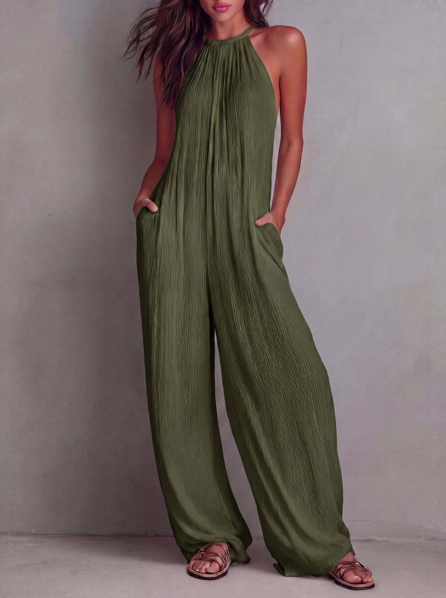 Minimalist Halter-neck Loose Cotton-linen Jumpsuit