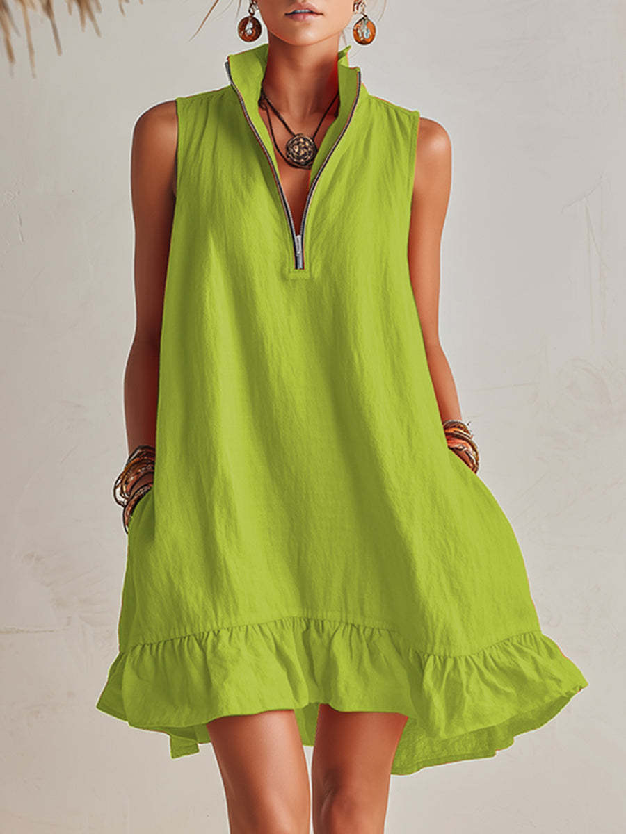 Vibrant Resort Orange Cotton Linen Half-Zip Stand Collar Ruffled Hem Mini Dress