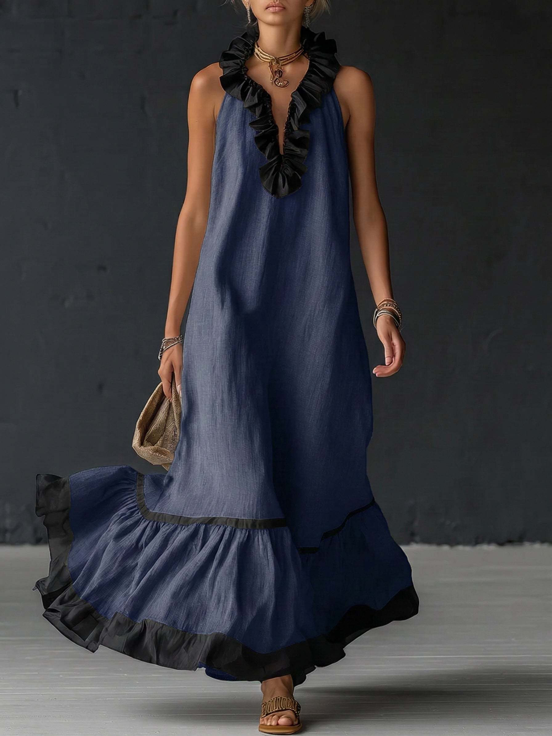 Elegant And Romantic Ruffled Color-blocked Maxi Dress