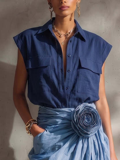 Elegant & Minimalist Polo Collar Cotton-linen Shirt And Skirt Two-piece Set