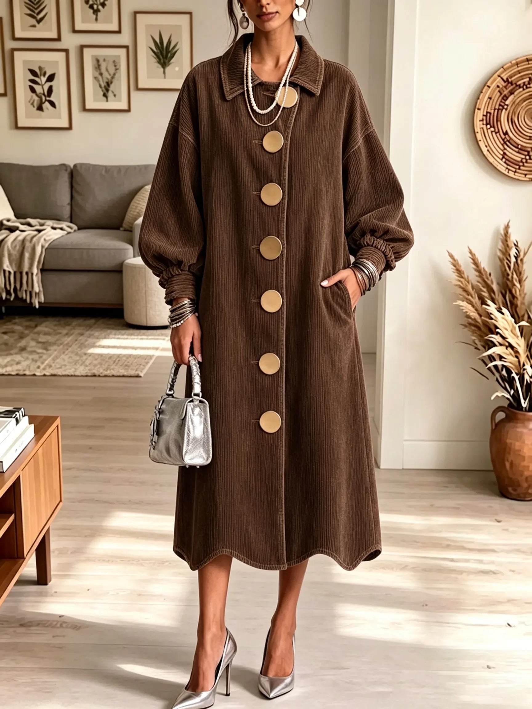 Women's Oversized Gold Button Long Denim Coat Dress