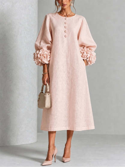 Elegant Blush Pink 3D Rosette Midi Dress